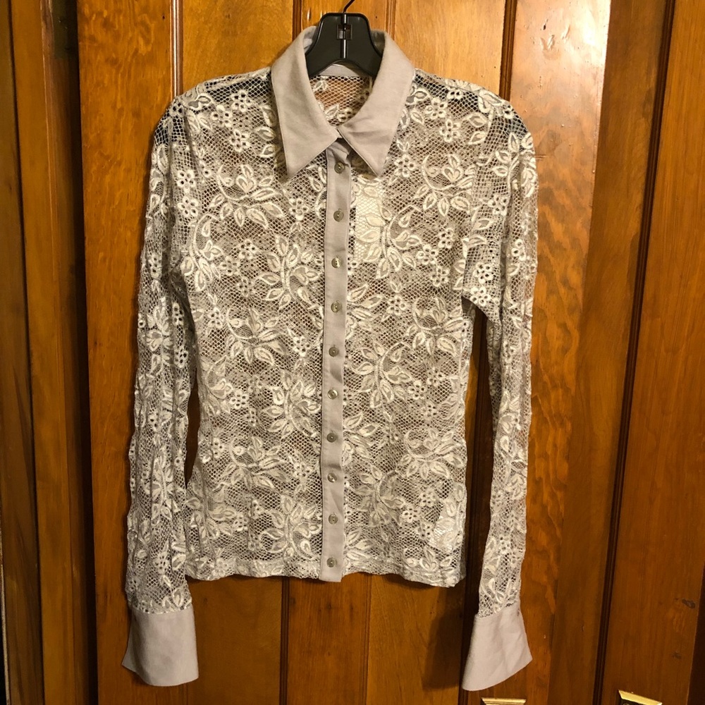 Anne Fontaine Grey Lace Long Sleeve Button Up Collared Top nwt